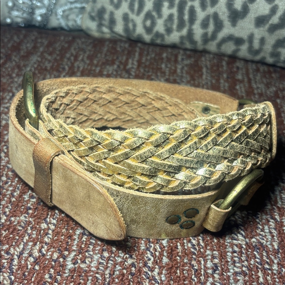 Mixit Tan Leather Belt with Gold Buckle gold metallic braided leather western - Picture 4 of 14